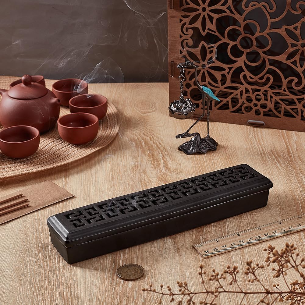 FINGERINSPIRE Incense Holder for Sticks 9.7x2.2x1.4 Inch Porcelain Incense Burner Holder Box Black Zen Home Office Decor Ash Catcher for Meditation Yoga Spa