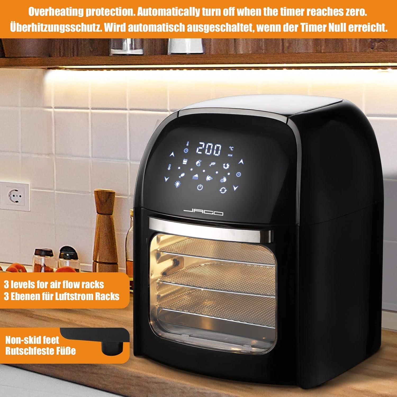 Jago® XXXL 8in1 Forno ad Aria Calda 12l + 10 Accessori - 1800W, 8 Programmi, Girarrosto, Disidratatore, Temperatura e Timer Regolabili, LED Touch Screen, senza Olio - Friggitrice, Air Fryer Jago® XXXL 8in1 Forno ad Aria Calda 12l + 10 Accessori - 1800W, 8 Programmi, Girarrosto, Disidratatore, Temperatura e Timer Regolabili, LED Touch Screen, senza Olio - Friggitrice, Air Fryer