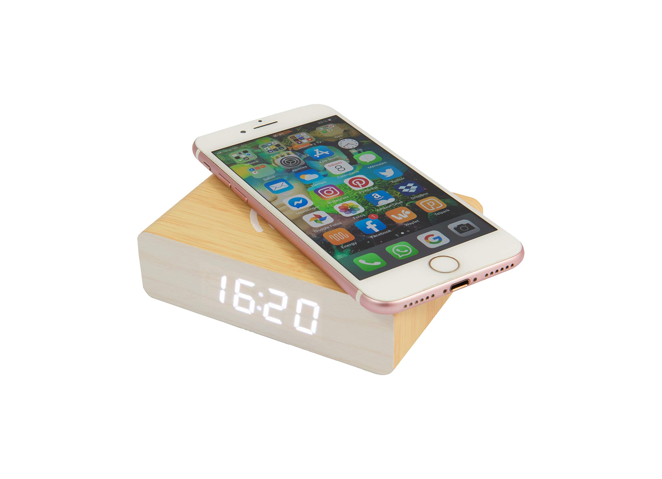 Fisura - Sveglia ricarica wireless Orologio con luce notturna a LED regolabile. Sveglia con cavo USB. Misure: 10,5 x 8 centimetri. (Legno)