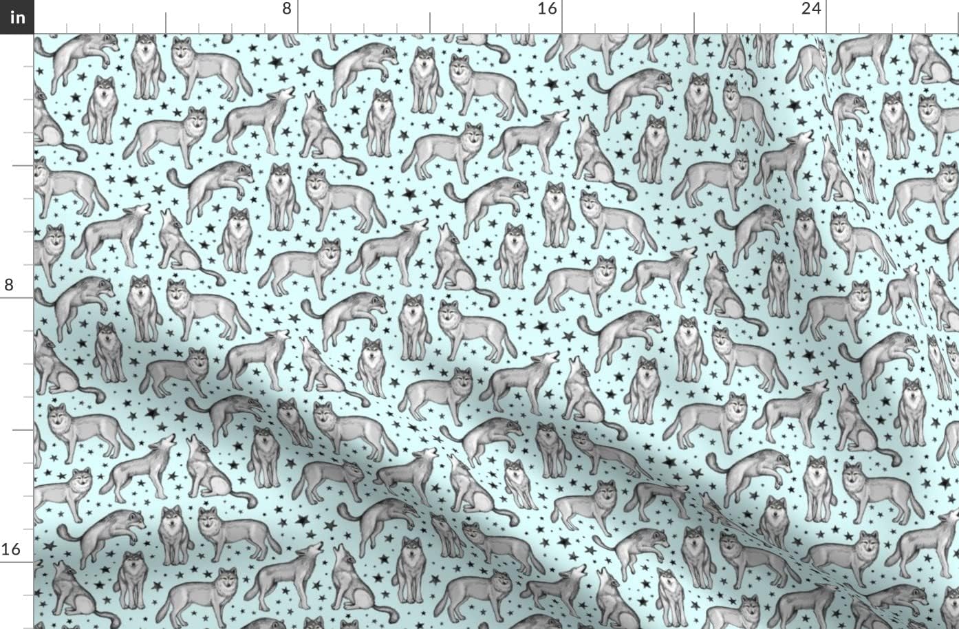 Spoonflower Fabric - Wolves Stars Light Blue Wolf Star Illustration Animal Cute Printed on Organic Cotton Sateen Fabric by The Yard - Sewing Quilting Apparel Home Decor