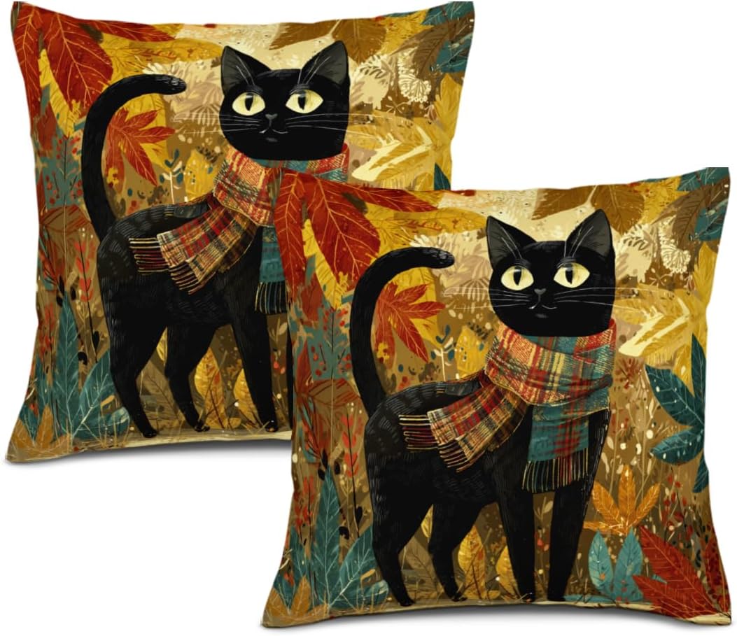 Fall Black Cat Maple Leaf Throw Pillow Cover 28x28 Inch Set of 2 Autumn Thanksgiving Outdoor Cushion Case Decoration for Home Sofa Couch