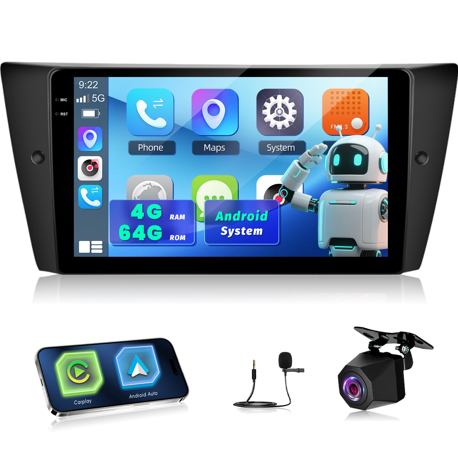 NHOPEEW 4+64G Autoradio per BMW Serie 3 E90 E91 E92 E93 2005-2013 con Wireless Carplay e Android Auto - Schermo incell da 9 pollici Supporto WiFi GPS Comandi al volante + Telecamera di retromarcia