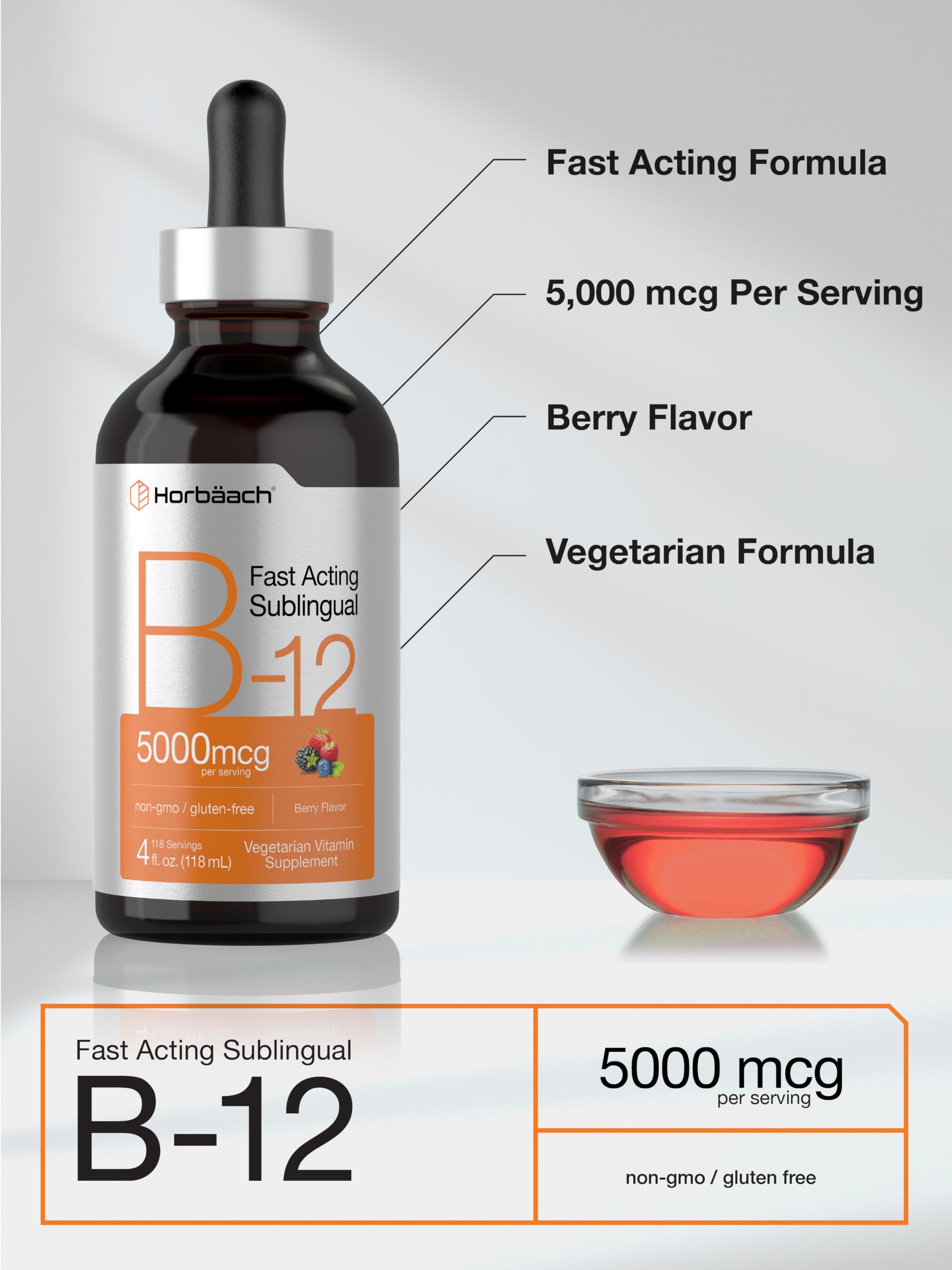 Horbaach B12 Vitamin 5000 mcg Sublingual | 4 Fl Oz | as Methylcobalamin and Cyanocobalamin | Liquid Vegetarian Drops | Berry Flavor | Non-GMO & Gluten Free Supplement — Amazon image 4