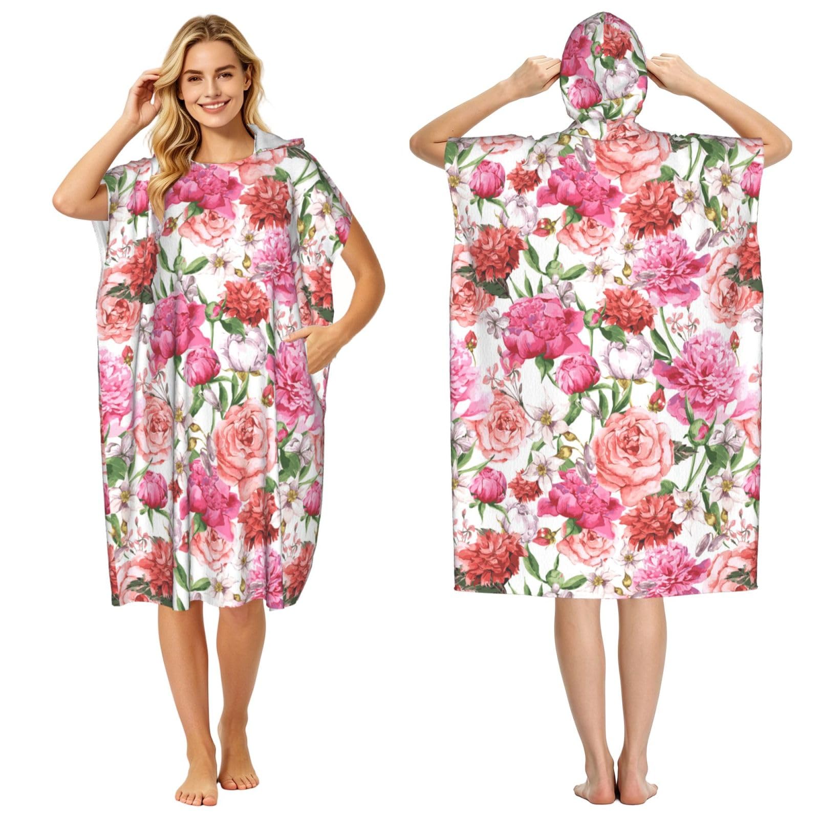 Poadnly Garden Peony, Adult Hooded Beach Towel 90 x 110 cm,Changing Bath Robe, Surf Poncho Towel For Women Men