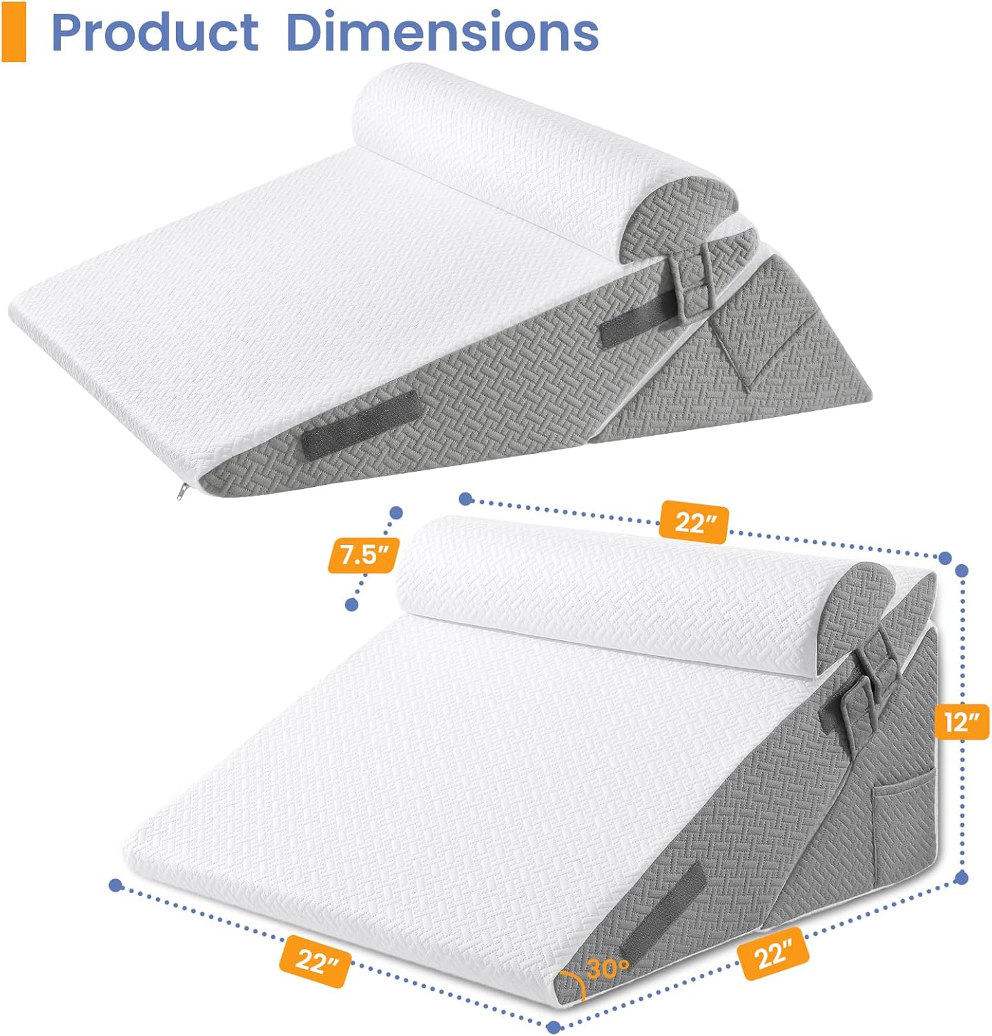 Sasttie Wedge Pillow Set for After Surgery, 2PCS Adjustable Bed Wedge Pillow Headboard with Memory Foam Neck Cushion – for Acid Reflux, Sleeping, Neck & Back Support, Dark Grey & White