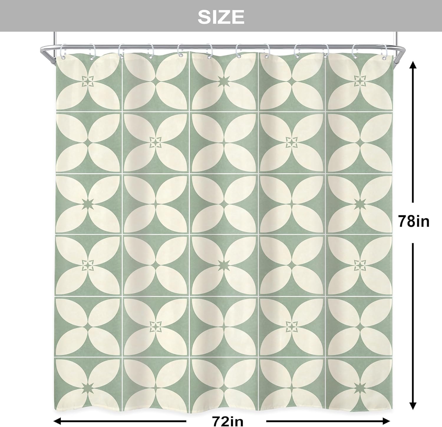 Newsely Boho Green Beige Floral Shower Curtain 72Wx78L Inch Geometric Modern Abstract Minimalist Block Retro Vintage Bathroom Set Aesthetic Waterproof Bath Decoration Accessories Home Decor