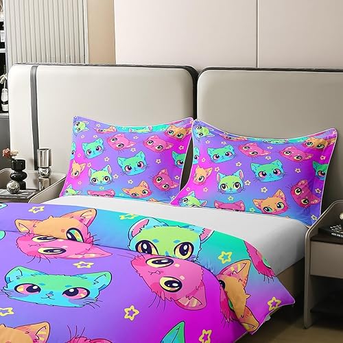 Miniatura 4 de Juego de funda de edredón de gato lindo tamaño Queen 100% algodón para niños y niñas, juego de ropa de cama con estampado de gatos para niños, lindo