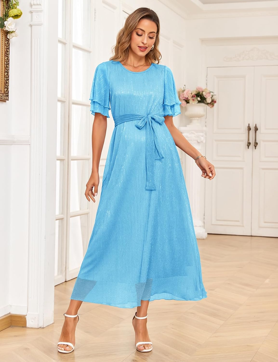 2025 Maternity Sparkly Mesh Maxi Flowy Dress with Belt Ruffle Sleeves Pregnant Long Dress Baby Shower Photoshoot Formal - Image 5