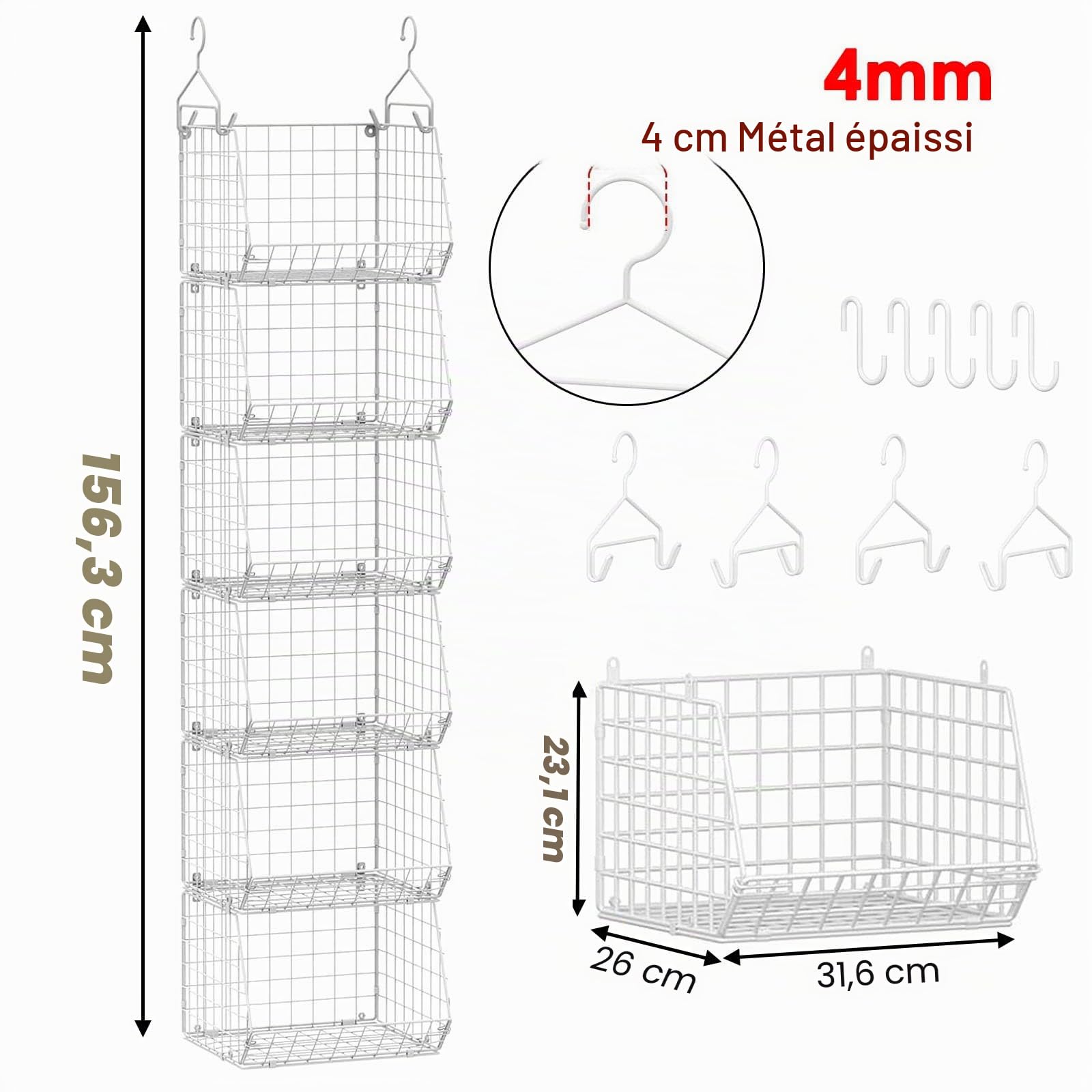 Organiseur à suspendre pour armoire, à 6 étagères, en métal robuste, facile à installer, pour vêtements, pulls, chaussures, sacs, accessoires (blanc)