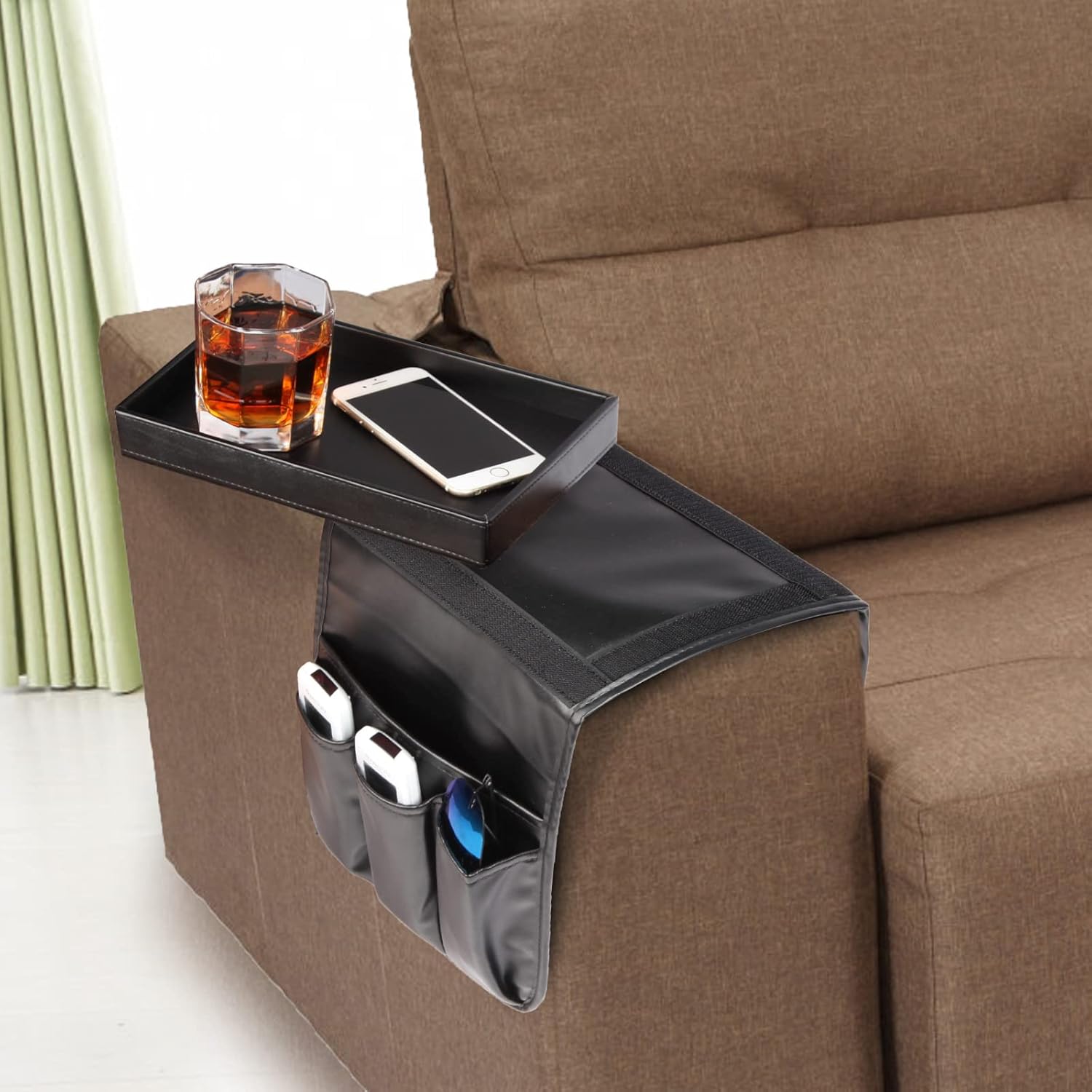 Couch Caddy, Armchair caddy with Detachable Tray, Non-Slip PU Leather Remote Control Holder for Recliner with 5 Pockets (Black)