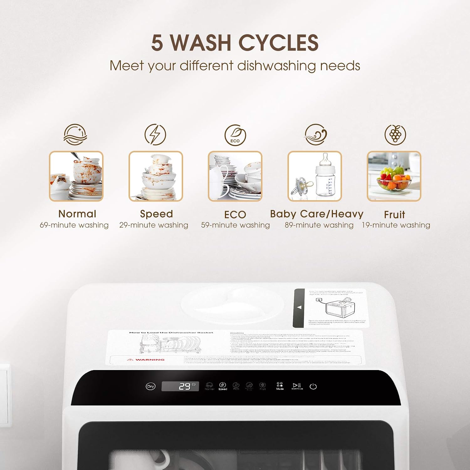 NOVETE Portable Countertop Dishwashers, Compact Dishwashers with 5L Built-in Water Tank & Inlet Hose, 5 Washing Programs, Baby Care, Air-Dry Function and LED Light for Small Apartments, view 3