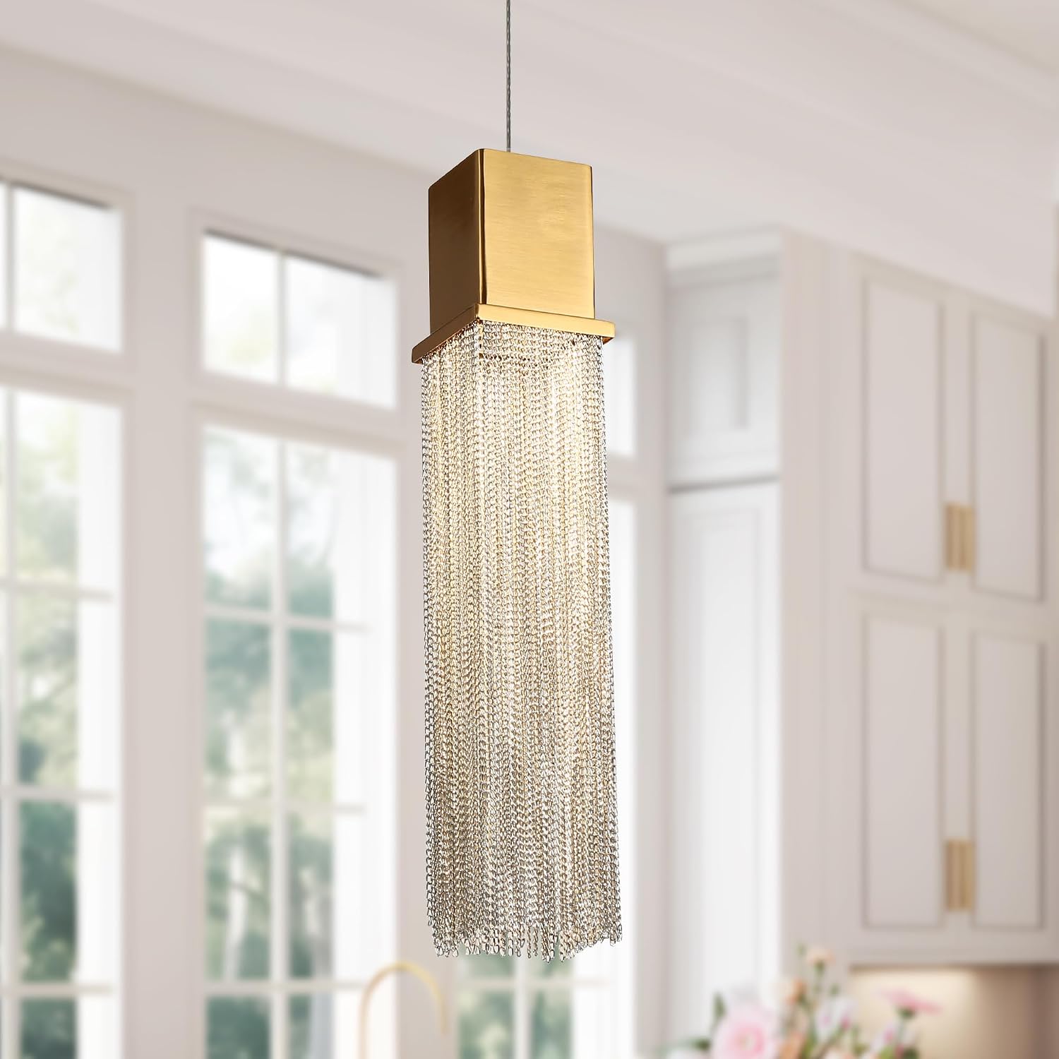 KSANA Gold Modern Chain Fringe LED Pendant Lights with Electroplated Brass Finish, 18.5" Adjustable Hanging Pendant Light for Kitchen Island, Bar, Dining Room