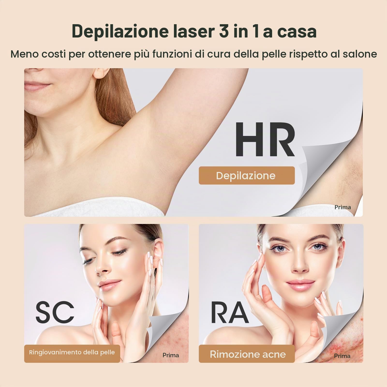 Epilatore Luce Pulsata con Funzione di Raffreddamento, 3 Funzioni Avanzate HR/SC/RA, 999,900 Flashes e 9 Livelli di Energia, Laser Peli Donna per Viso, Ascelle, Gambe, Corpo