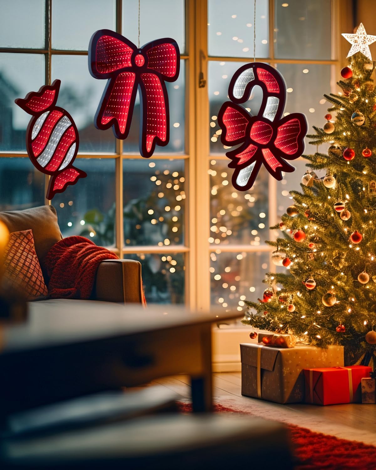 Christmas Infinity Lights, 14'' led Christmas Decorations Lights 3 Pack Bow,Candy Cane, Party &Tree Door Glass Decoror