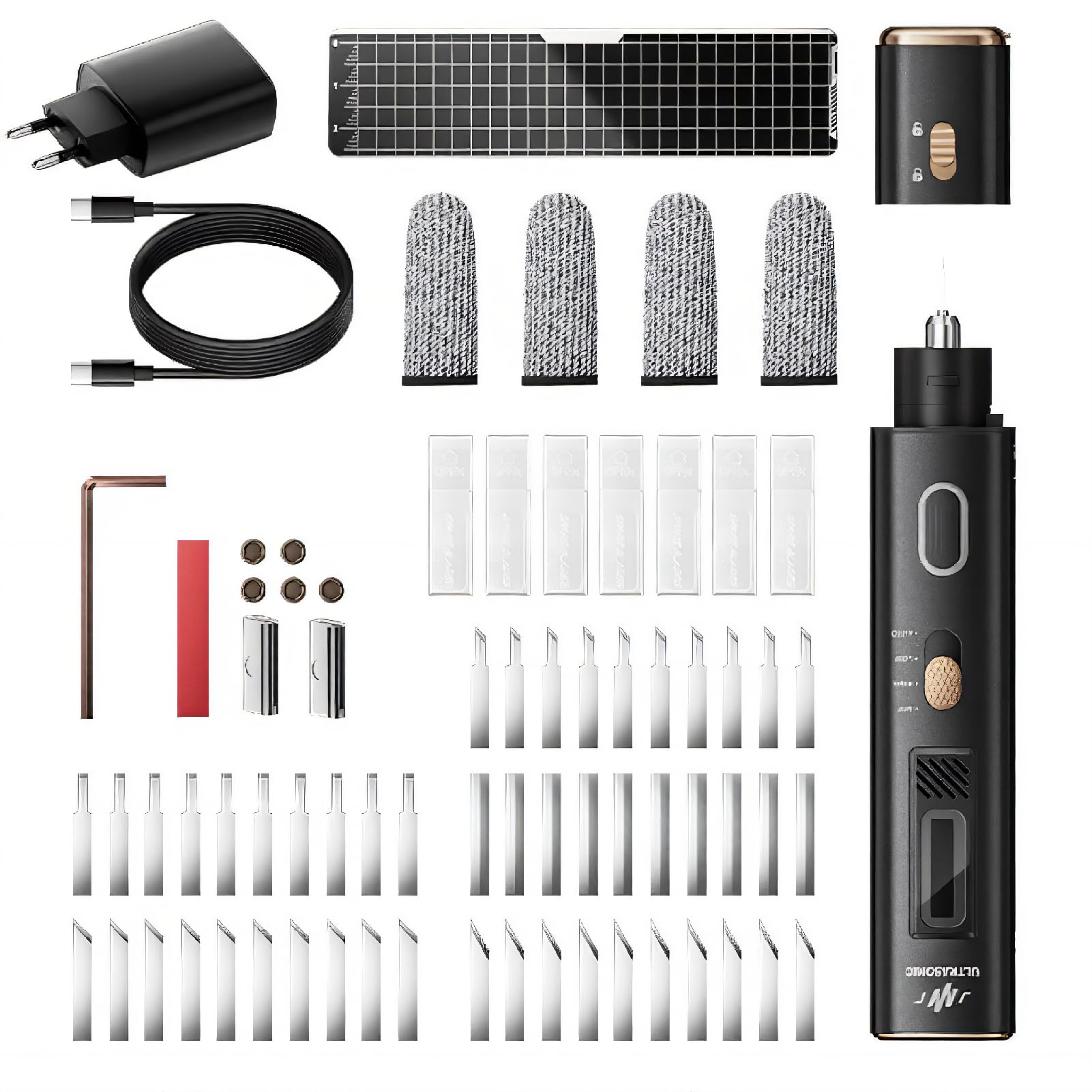 Kit di Utensili per Taglierina a Ultrasuoni 40 KHz, 50 Lame di Ricambio, Display OLED e Doppia modalità di Taglio, per Stampa 3D, Plastica, Legno e Circuiti Stampati (Spina europea)