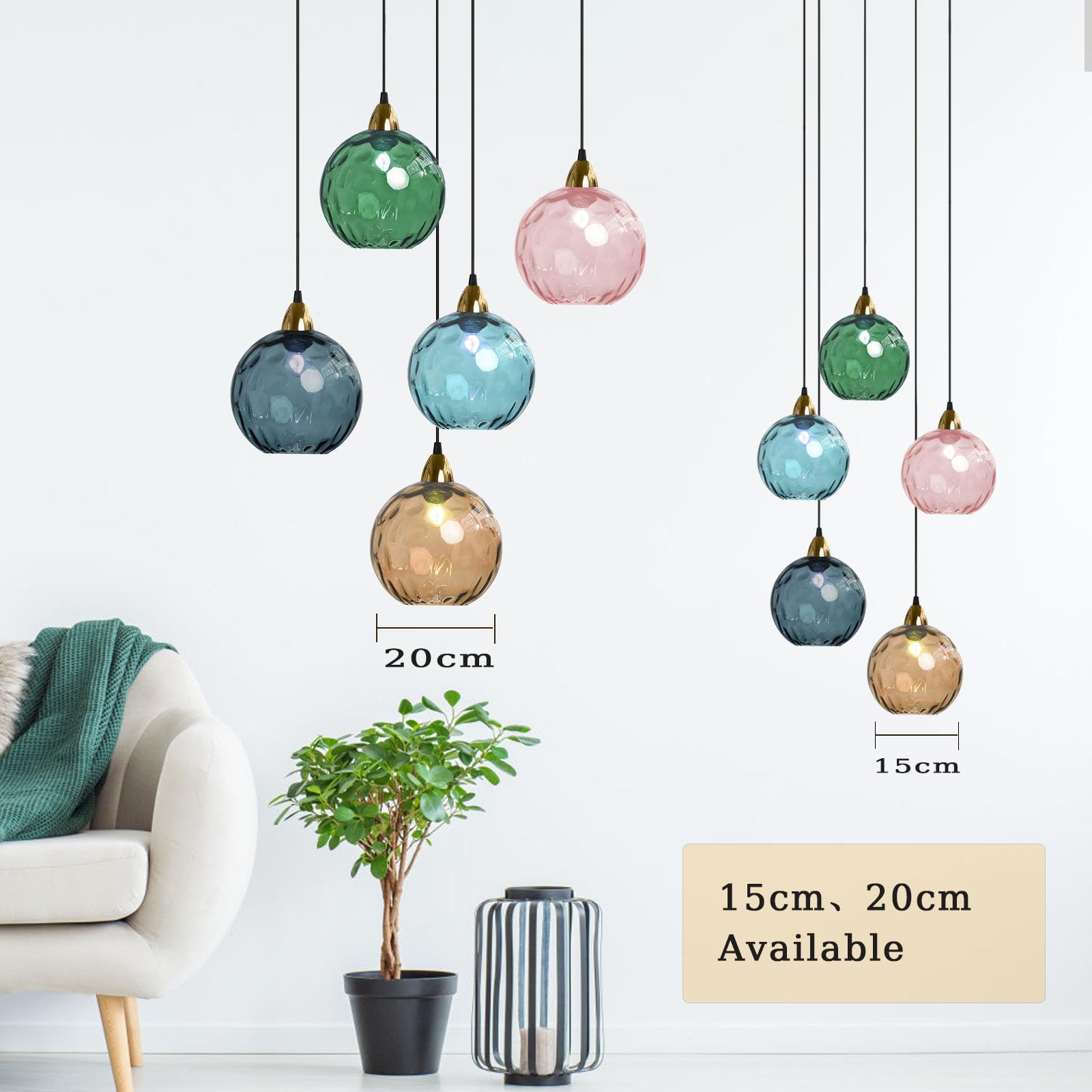 20cm Lampada a Sospensione Sferica in Vetro Industriale D'epoca, Lampadario da Soffitto E27, Finitura Oro e Paralume in Vetro Ondulato, Plafoniera Per Sala da Pranzo (Blu azzurro, 20cm)