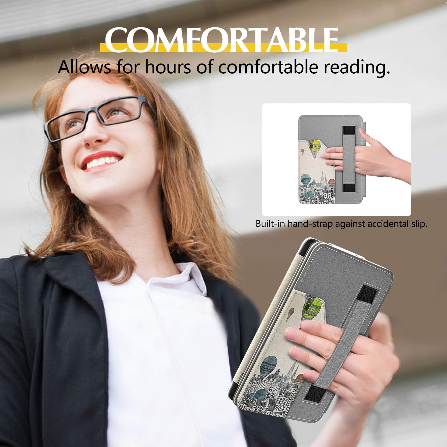 Dadanism Case Fit All-New Kindle 10th Generation 2019 / 8th Generation 2016, Ultra Slim PU Leather Smart Cover with Hand Strap & Pocket, Not Fit Kindle Paperwhite – City Balloon (Auto Sleep/Wake)