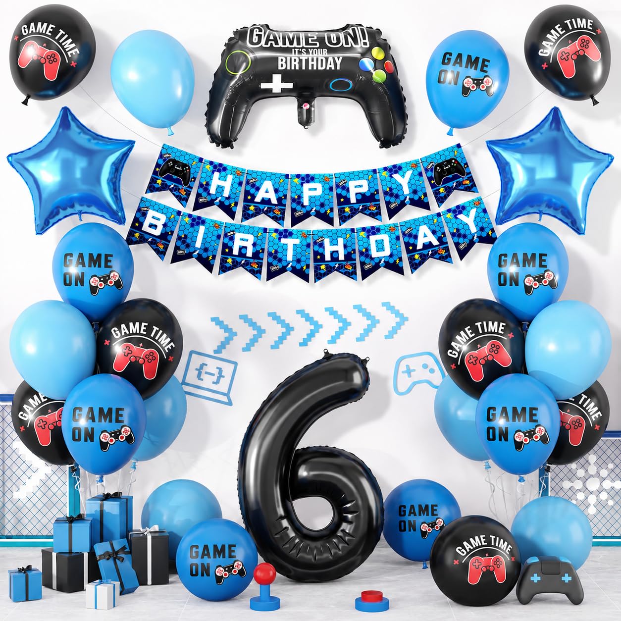 6th Birthday Decorations for Boys, Video Game Party Balloons Blue Black — image 1
