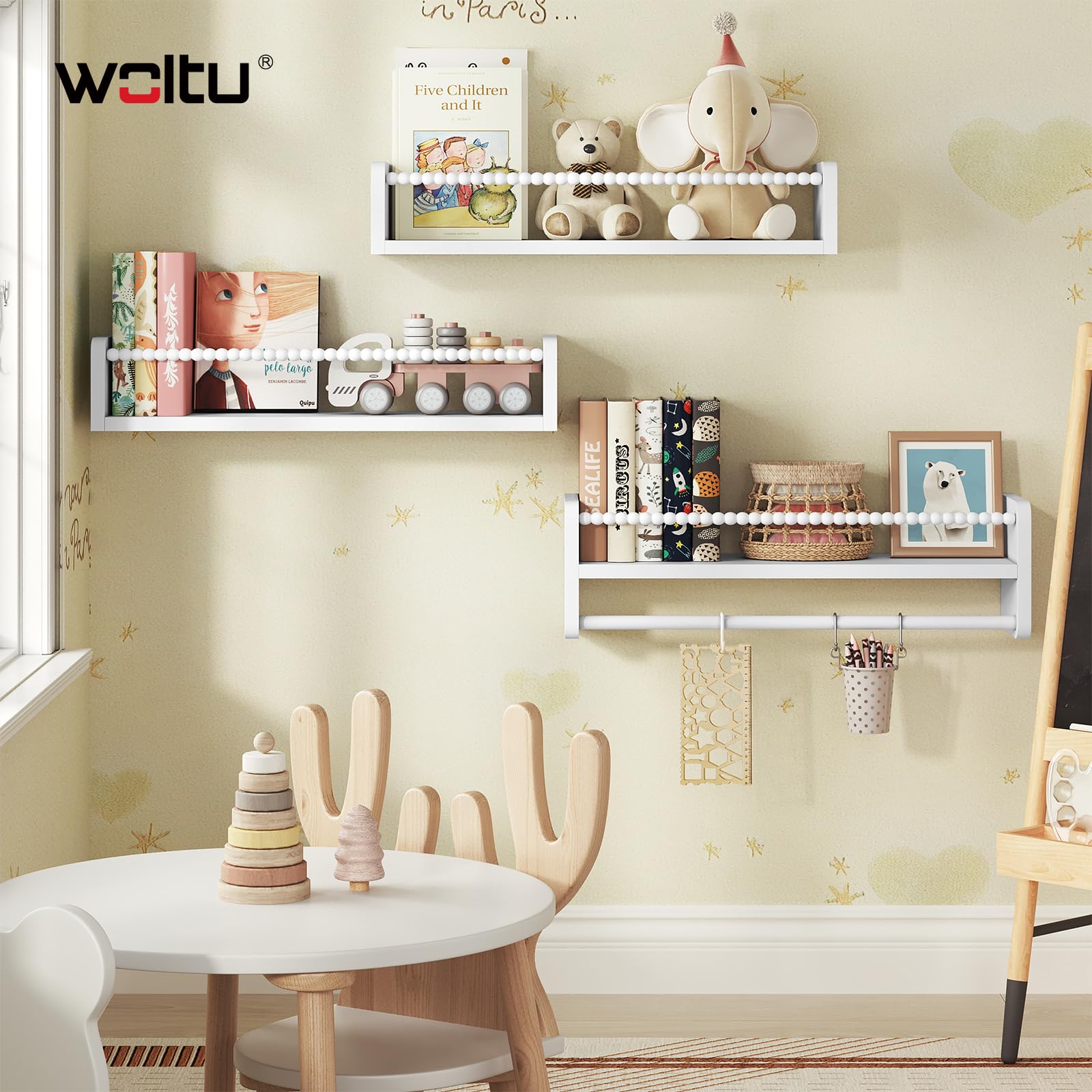 WOLTU 3er Set Kinder Bücherregal Wand, 50cm Wandregal Kinderzimmer, aus Massivholz, Hängeregal Schweberegal Kinderregal, Montessori Regal, für Bücher Spielzeug, Weiß