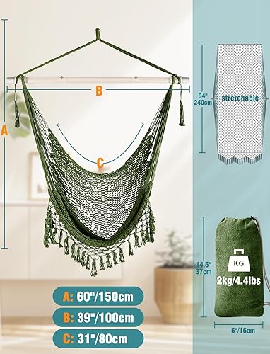 Miniatura 4 de Chihee Silla de hamaca súper grande, sillas colgantes de cuerda de algodón hilado suave, plegable y resistente, barra separadora de metal, asiento