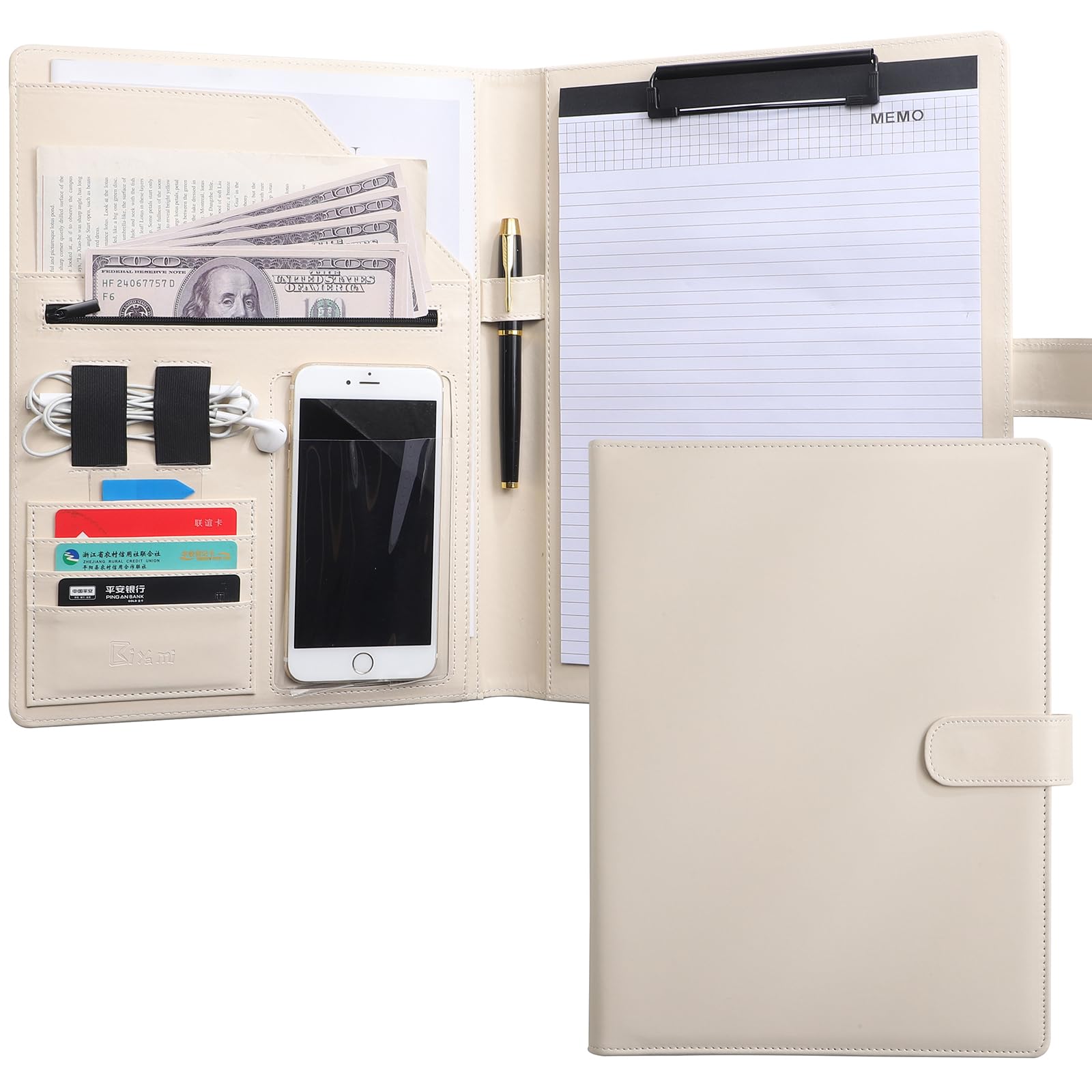 12.8 * 9.6 inch Portfolio Case Business Padfolio, Smart Phone is Usable in Document Organizer, Conference File Folder with A4/Letter Size Clipboard and Notepad - Beige