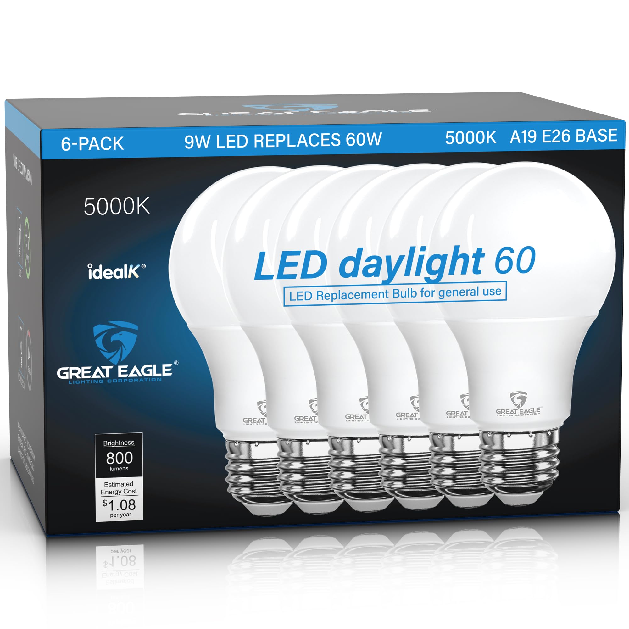 Great Eagle A19 LED Light Bulbs 60 Watt Equivalent, Daylight 5000K LED Light Bulb, 9W Non Dimmable, 800 Lumens (6 Pack)