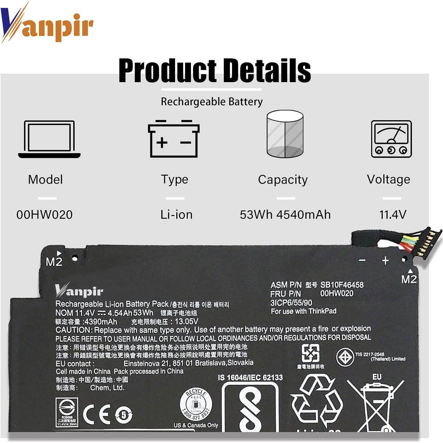 Amazon.com: VANPIR 00HW020 SB10F46458 Laptop Battery 11.4V 53Wh