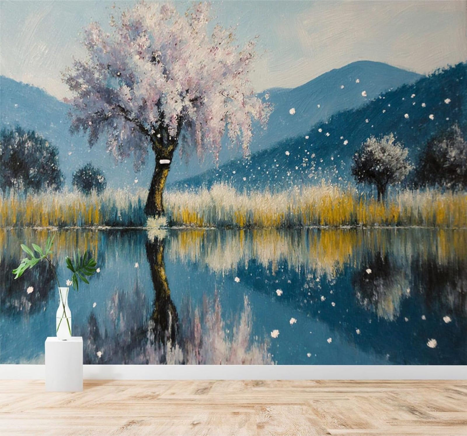 XLMING Hand Drawn Spring Large Tree Mountains Flowers 3D Wallpaper Silky Texture Home Study Office Grey Dining Room Sofa Bedroom Living Room TV Backdrop-250cm×170cm