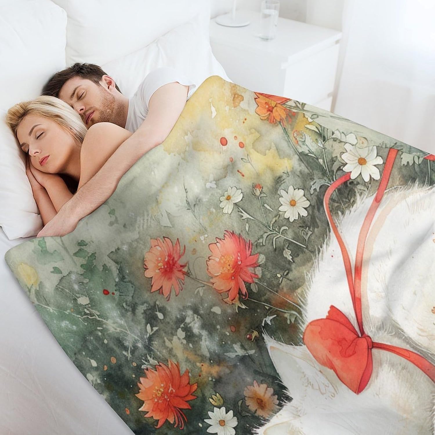 A Cute White Cat Sleeps on The Fence with Flowers Blanket Lovely Pet Cat Throw Blankets for Bed 60"x80" Flannel Fleece Throw Blanket for Couch Bed Sofa for Girls Birthday Valentines Gifts