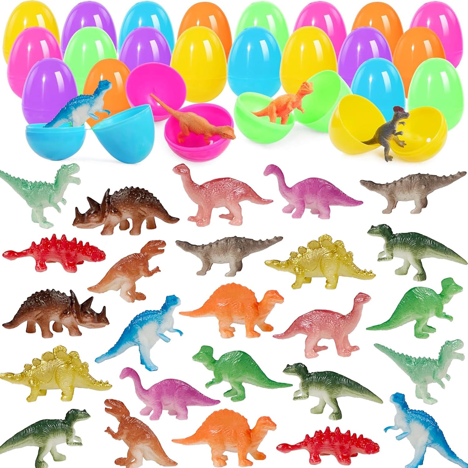 24Pack Easter Eggs with Dinosaur Toys Easter Basket Stuffers Easter Party Favors for Kids Easter Egg Hunt Filler Classroom Prizes