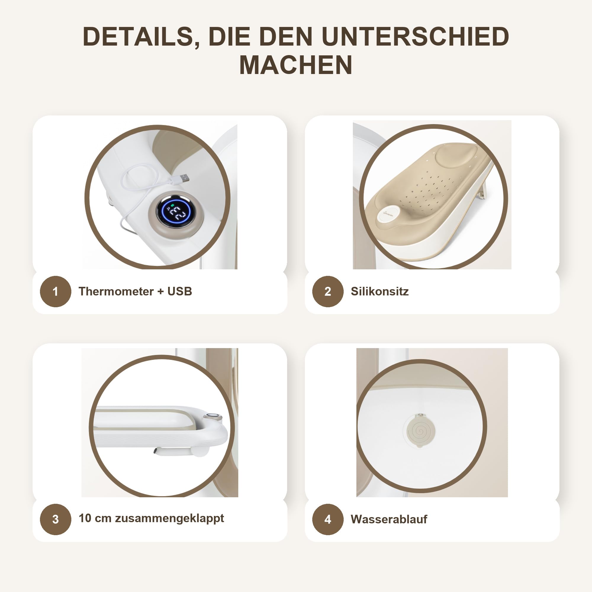 Primabobo LUX Bade-Set für Babys mit Faltbarer Babybadewanne, Elektronischem Thermometer, Badesitz und Gestell, Komplettes Babybad Set für Neugeborene, Beige