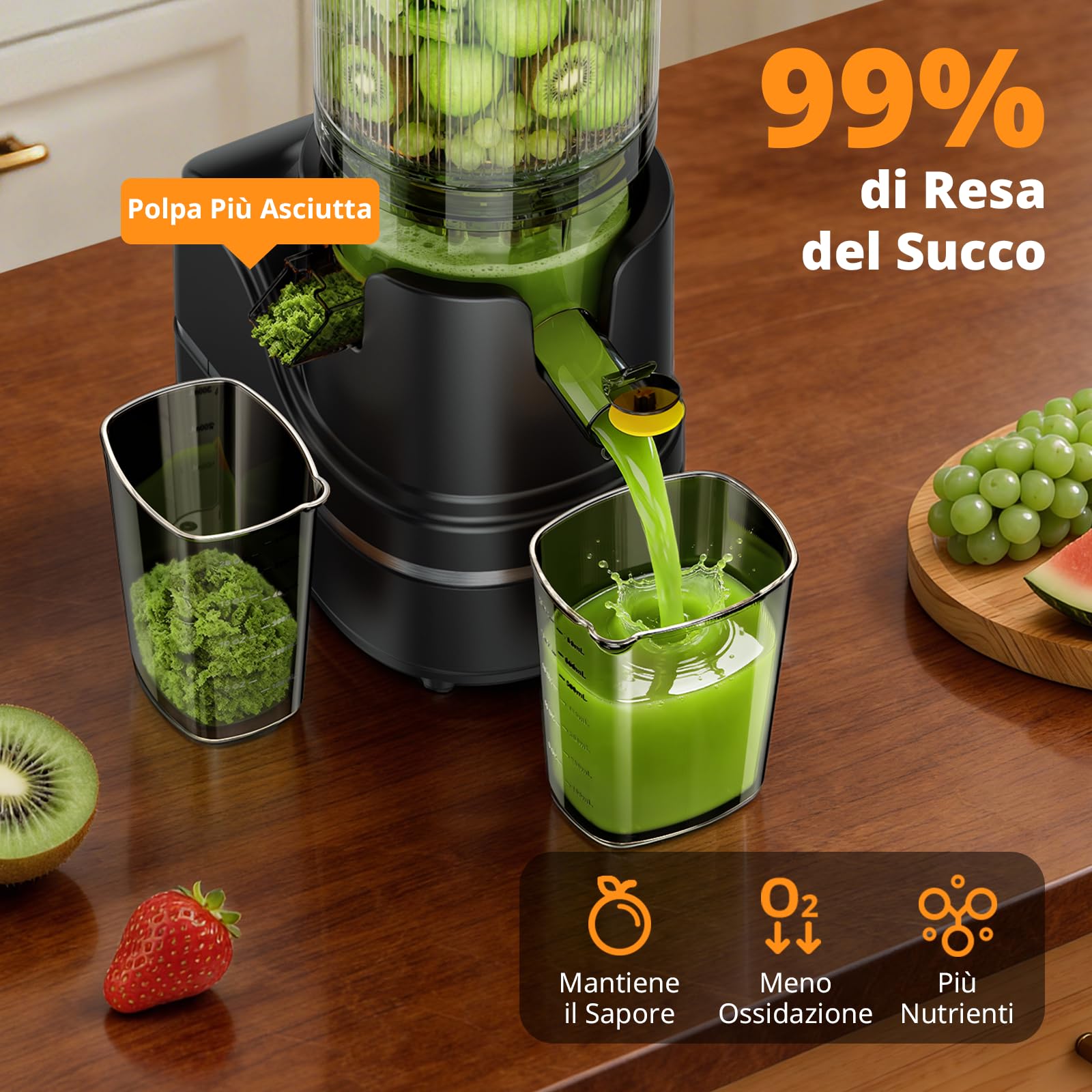 AIRMSEN Estrattore di Succo a Freddo Elettrico, Slow Juicer con Imboccatura Extra Large da 147 Mm, Capacità di 2,1 L, Motore da 300 W, Tecnologia a Spirale Lenta Migliorata 7+1, Facile da Pulire Nero