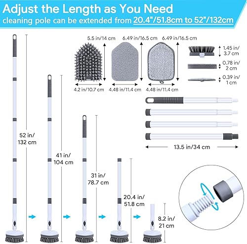 Miniatura 7 de Cepillo de limpieza de ducha con mango largo de 52 pulgadas, almohadilla de fregado 3 en 1 con botón de bloqueo, limpiador extensible para bañera y