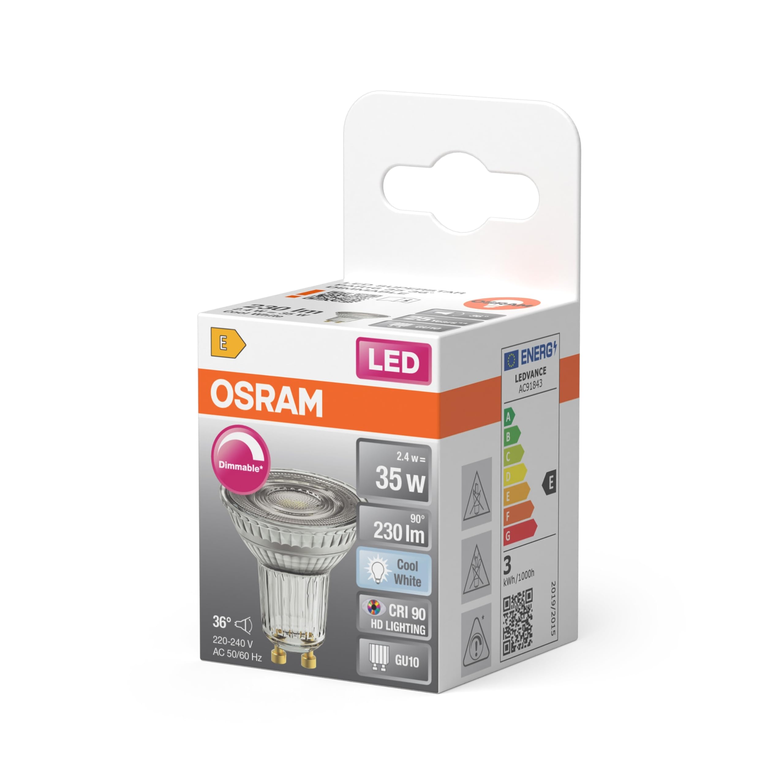 OSRAM Reflector LED Spot Superstar PAR16 35 regulable, blanco neutro 4000 K, 2,4 W, GU10, 36°, 230 lm, 15.000 h, para iluminación puntual y de acento.,6-Pack