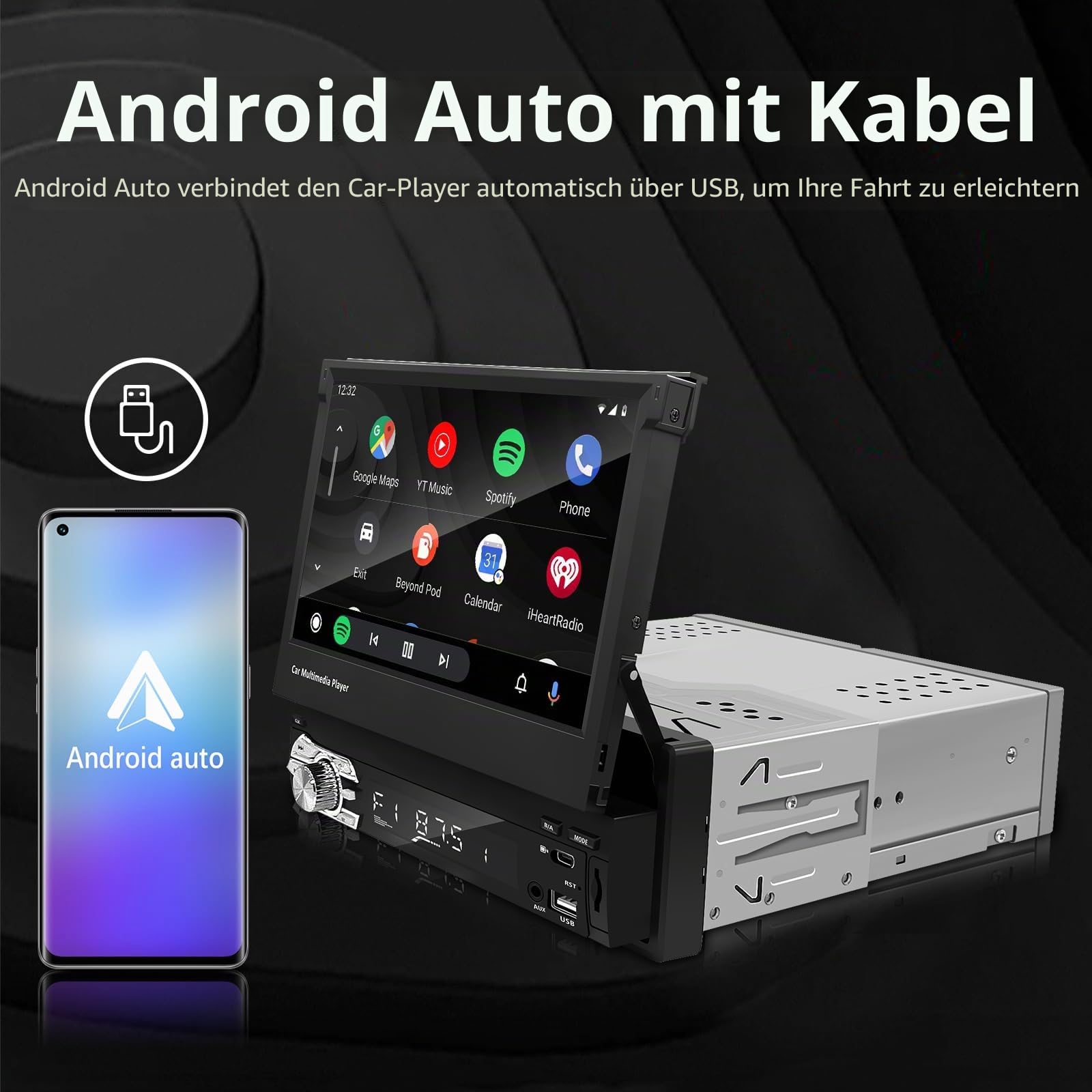 EZoneTronics 7 Zoll Flip Out Autoradio 1din mit Carplay Android Auto Touchscreen Autoradio Bluetooth mit SWC Mirror Link EQ FM/RDS Radio Typ-C USB AUX TF-Karte Rückfahrkamera