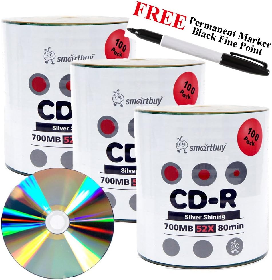 Smartbuy 300-disc 700mb/80min 52x CD-R Shiny Silver Blank Media Record Disc + Black Permanent Marker