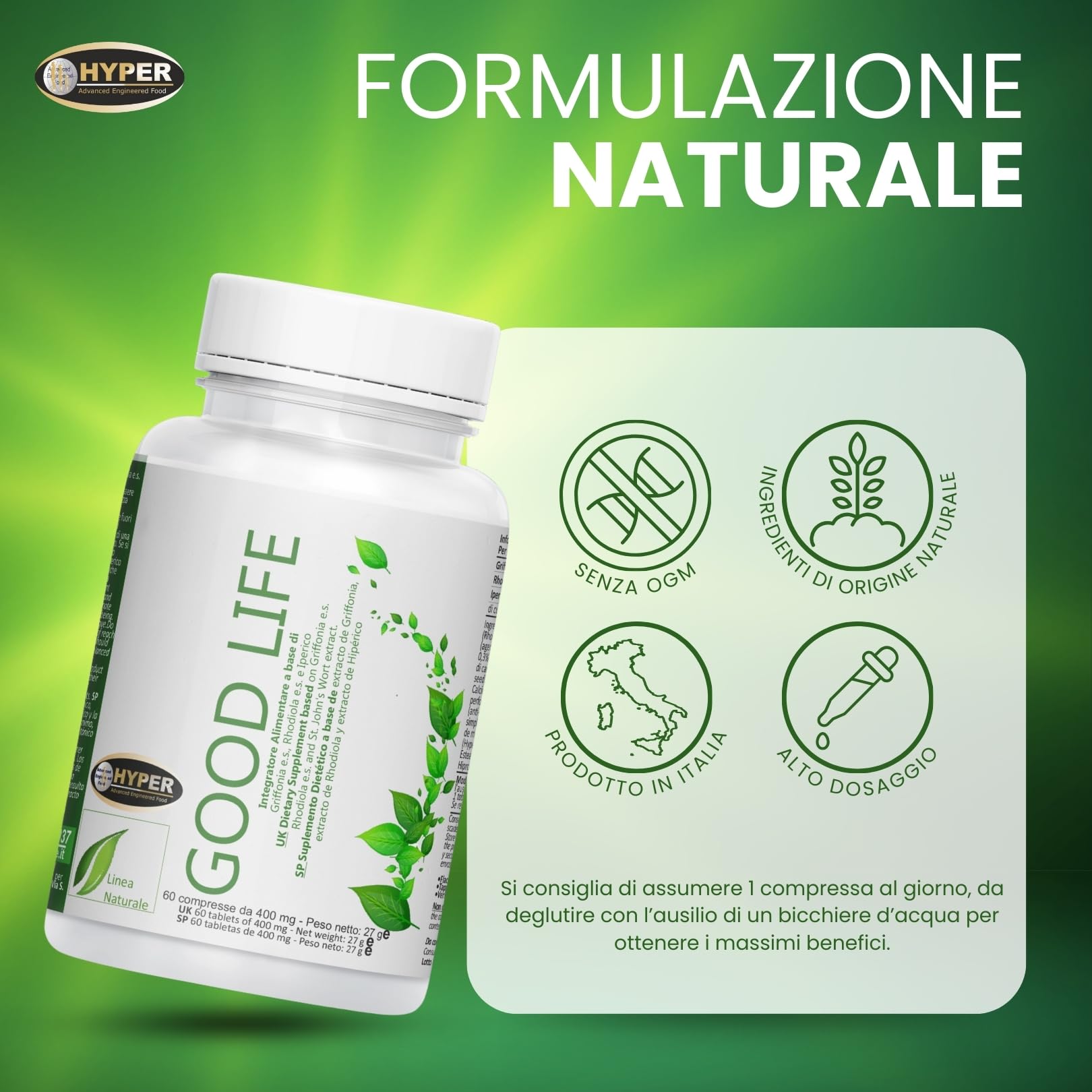 Hyper Good Life 60 Cpr - Integratore Alimentare Con Iperico Erba di San Giovanni, Griffonia e Rodiola Rosea - Riduce lo Stress e Favorisce un Naturale Stato di Serenità e Benessere