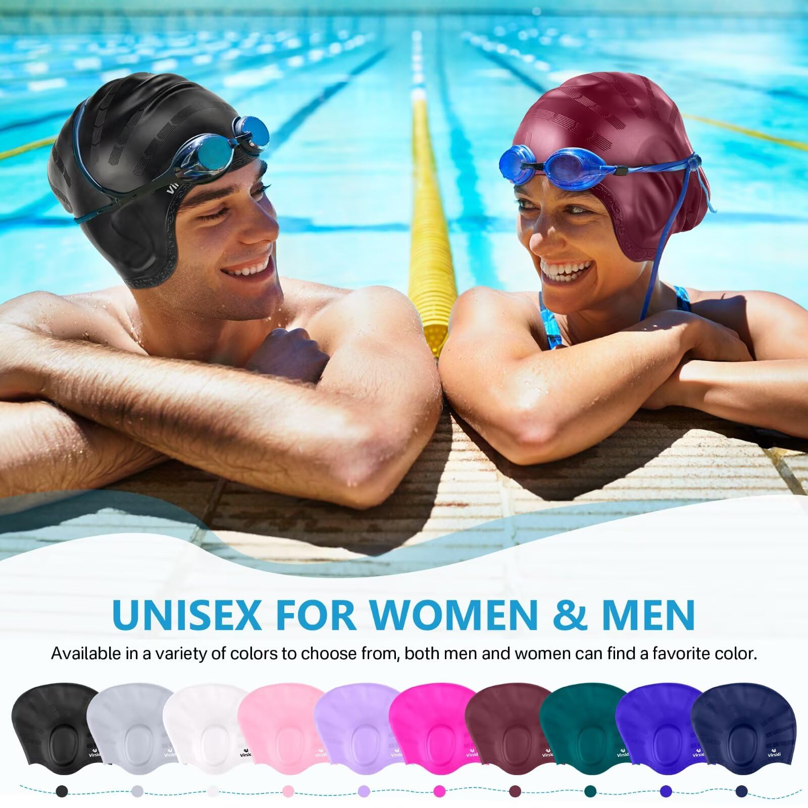 Gorro de natación para cabello largo, gorro de natación de silicona para adultos, mujeres y hombres con protección 3D para los oídos, impermeable, grande, gorros de baño para mantener el