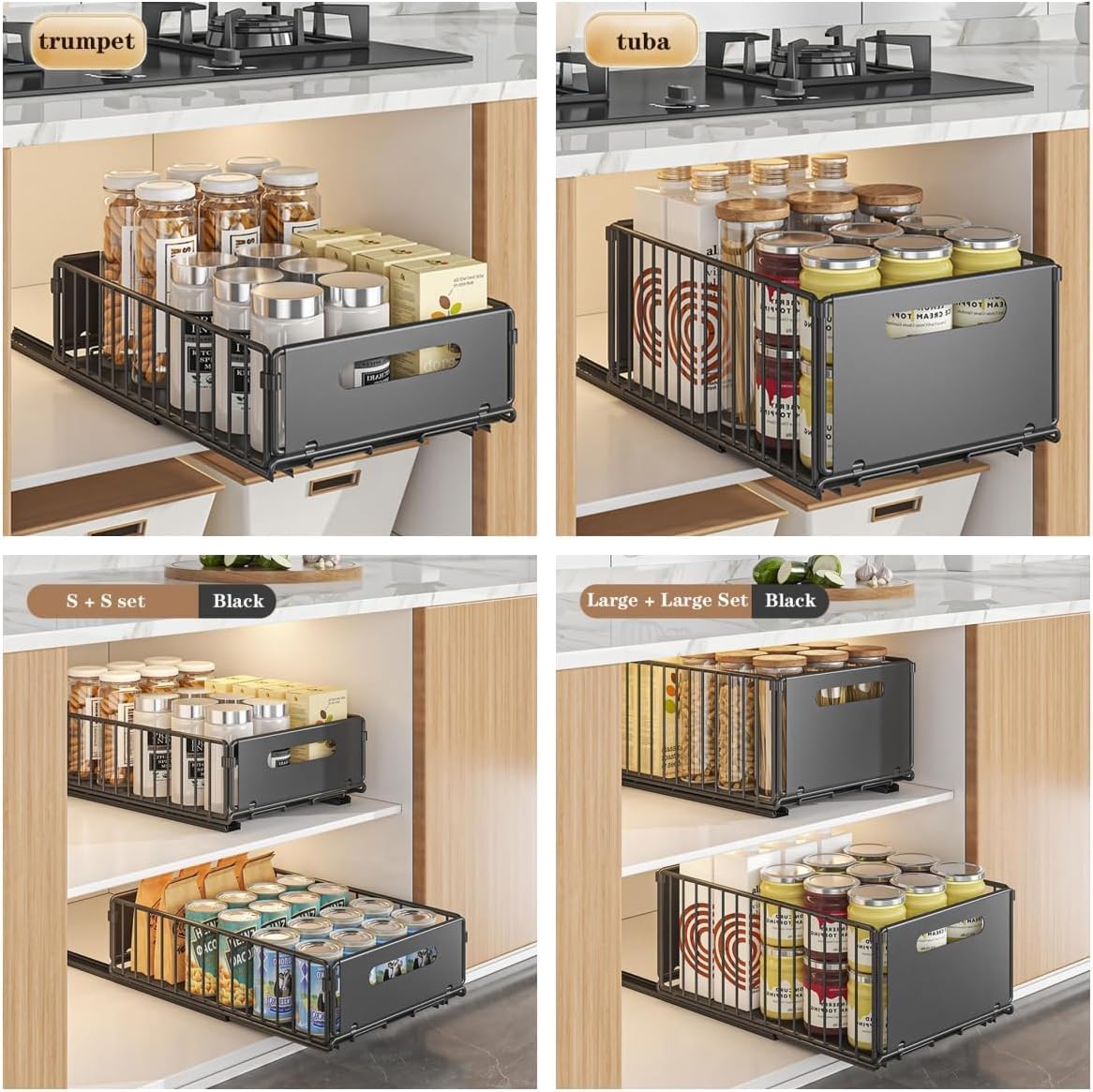 Set 2 cestelli estraibili per pensili cucina - Mensole scorrevoli salvaspazio in acciaio al carbonio - Installazione senza fori - Per sottolavello e dispensa - Nero, piccolo, 2 pezzi (black
