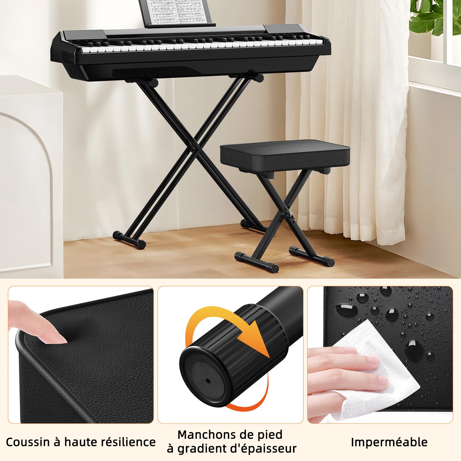 GLEAM Banc de clavier rembourré X-Style réglable en hauteur 36,8 à 47 cm Noir