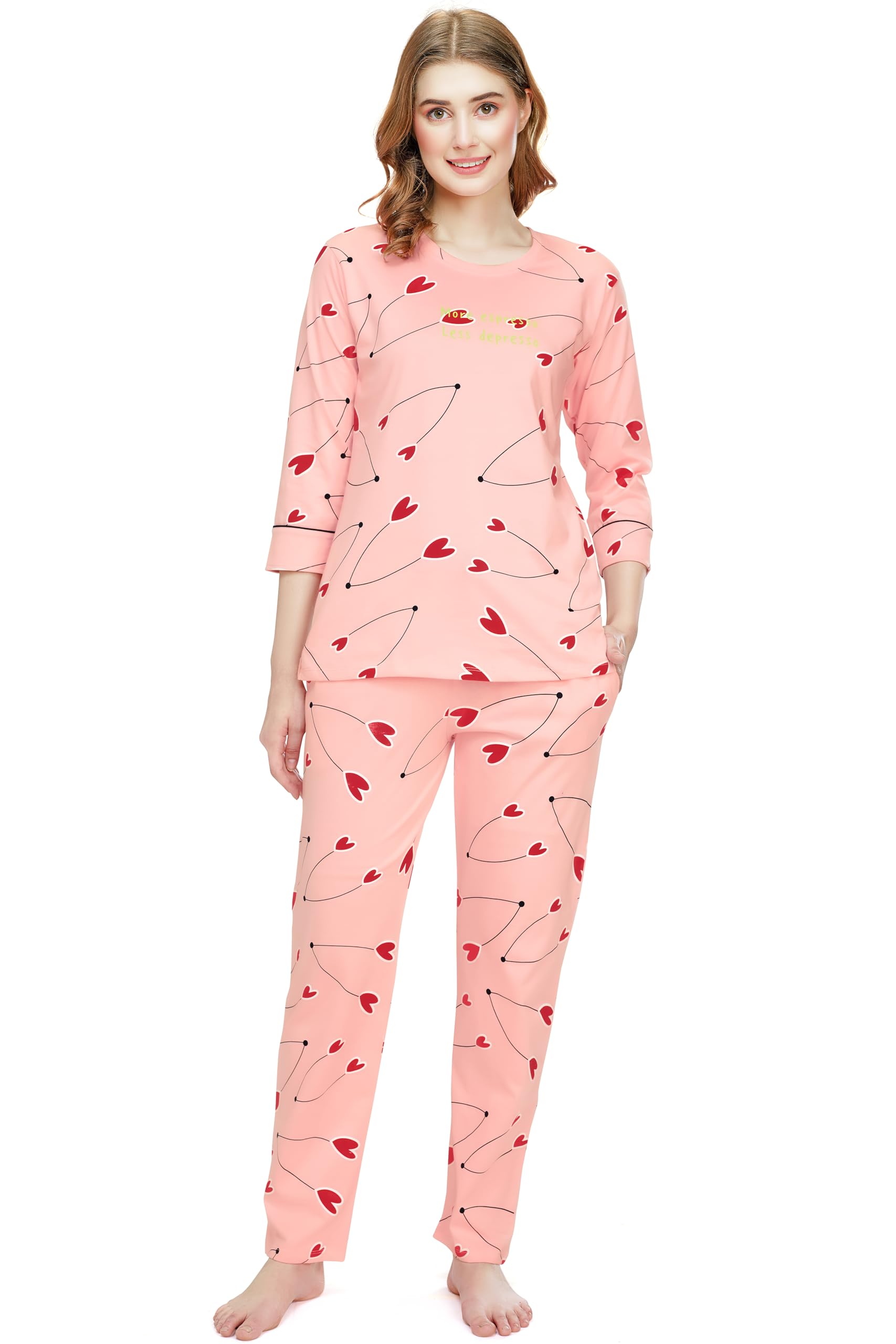 Night Suit for Women's Heart Printed Cotton Night Dress of Top and Pajama Set 5786-image-27