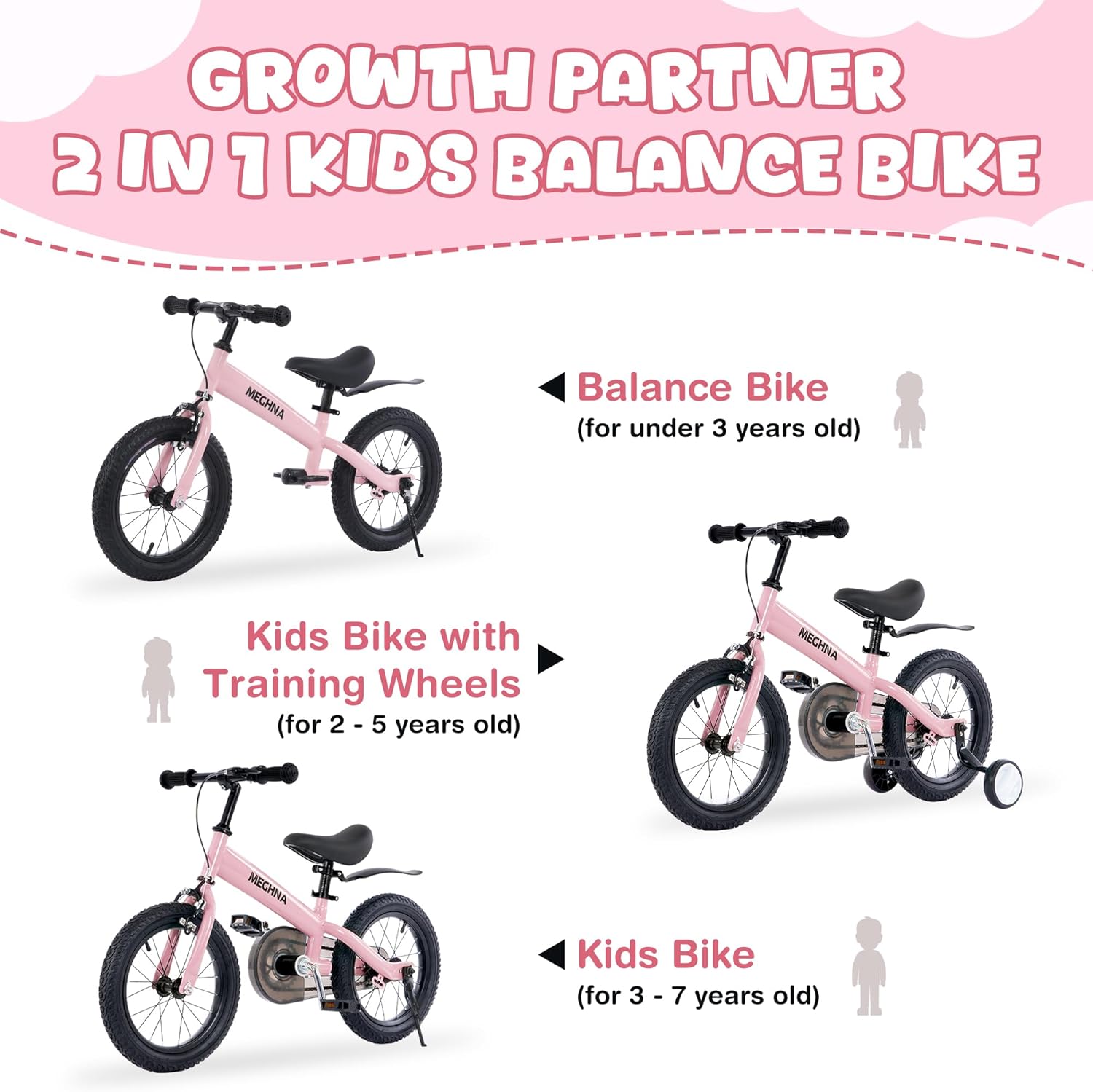 14 inch Kids Balance Bike 2 in 1 Kids Bike Bicycle Adjustable Handlebar & Seat Detachable Training Wheels Dual Brake for 3-7 Years Old Toldders Boys Girls Multiple Colors to Choose