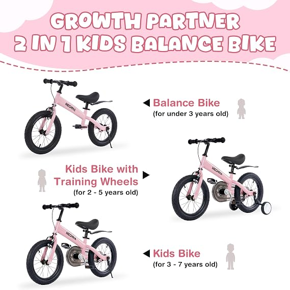 ZUKKA Toddler Balance Bike 2 in 1 with Detachable Training Wheels 14 Inch Kids Bike Aged 3-7 Years Old with Adjustable Seat Handlebar and Coaster Brake for Boys Girls