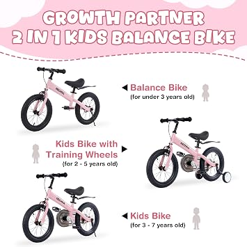 ZUKKA Toddler Balance Bike 2 in 1 with Detachable Training Wheels 14 Inch Kids Bike Aged 3-7 Years Old with Adjustable Seat Handlebar and Coaster Brake for Boys Girls