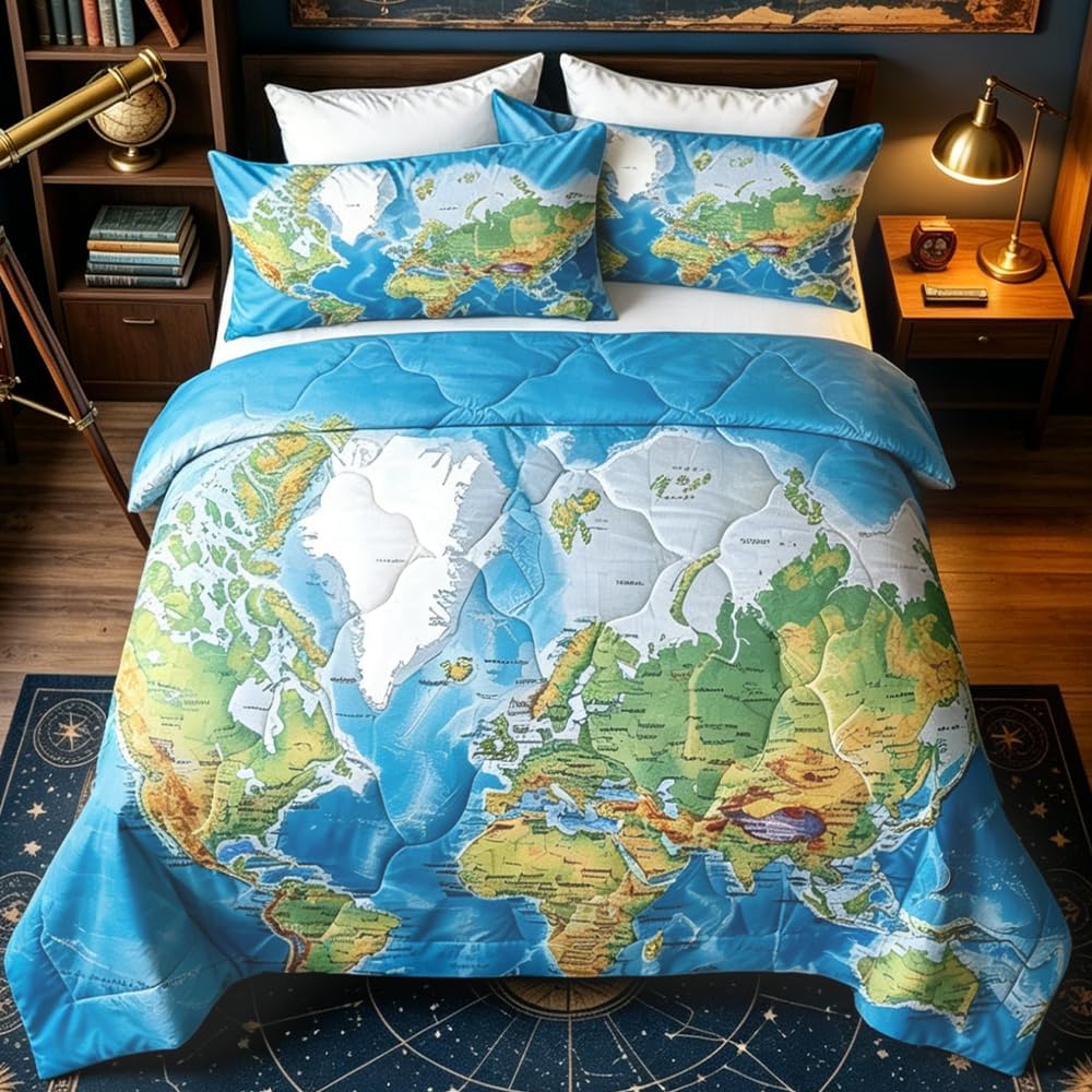 Sleepwish World Map Comforter Full Size Bedding Set 4 Pieces Blue Map Bed Set for Kids Boys Girls Ultra Soft 1 Comforter 2 Pillow Cases 1 Cushion Cover