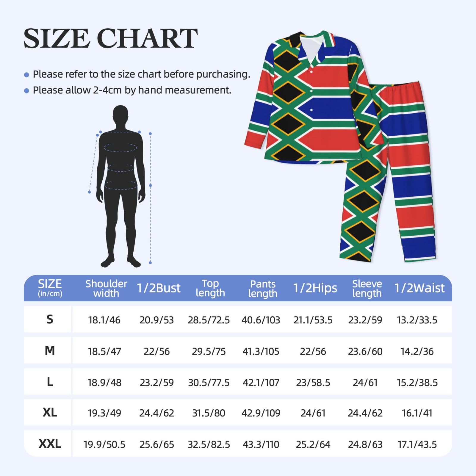Conjunto de pijama suave para hombre con la bandera de Sudáfrica, pijama de manga larga para hombre, ropa de dormir para descansar