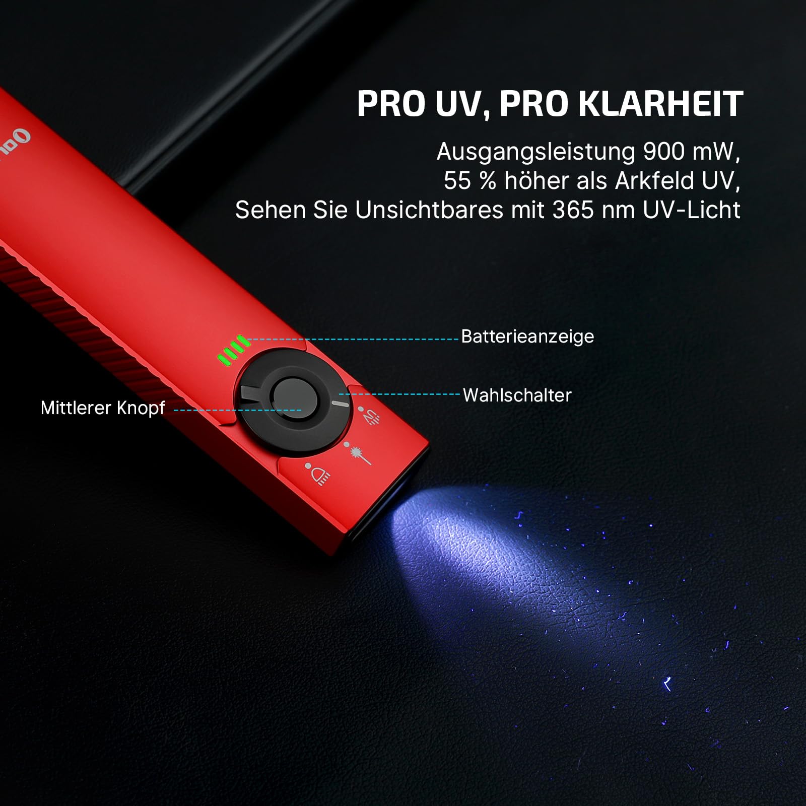 OLIGHT Arkfeld Pro Wiederaufladbare EDC Taschenlampe mit grünem Licht, UV und weiße LED Lampe, 1300 Lumen tragbare Handlampe, 3 Lichtquellen für den Außenbereich, Notfall, Arbeiten (Rot)