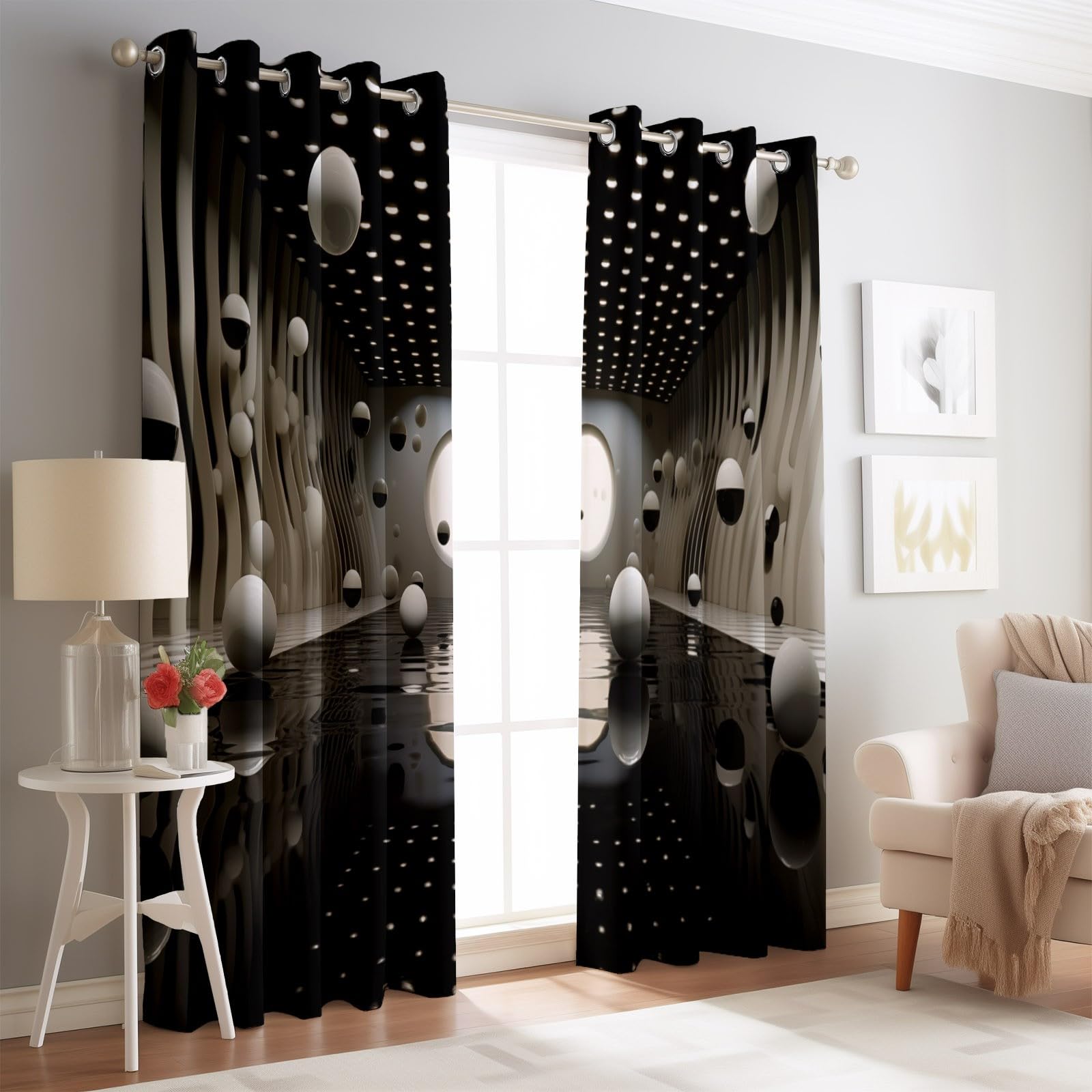 Rideaux Longs 140L X 260H cm (2 Panneaux), Géométrique Abstrait Moderne Imprimé, Tissu Occultant Épais pour Grand Salon et Loft, Noir Blanc