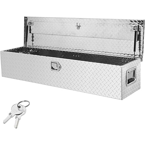 VEVOR Heavy Duty Aluminum Truck Bed Tool Box, Diamond Plate Tool Box with Side Handle and Lock Keys, Storage Tool Box Chest Box Organizer for Pickup, Truck Bed, RV, Trailer, 48"x15"x15", Silver