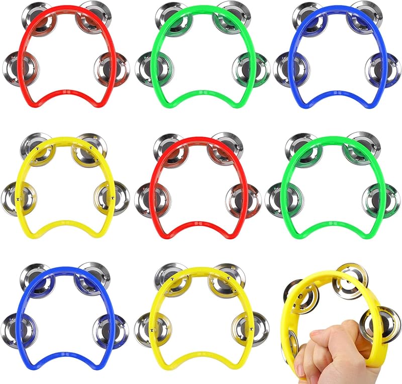 Paquete de 8 panderetas de mano para niños, mini panderetas de percusión a granel tambor de percusión de mano instrumento de ritmo musical para práctica, actuación, iglesia, suministros para fiestas (4 colores)